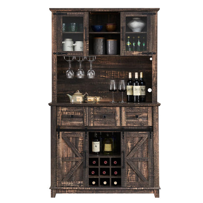 AMERLIFE Coffee Bar Cabinet with Sliding Barn Door, 72'' Farmhouse Kitchen Sideboard, Buffet Storage Table, Wine Glass Racks, 3 Drawers, LED Lights, Tall Hutch Home Bar Dark Rustic Oak - WoodArtSupply