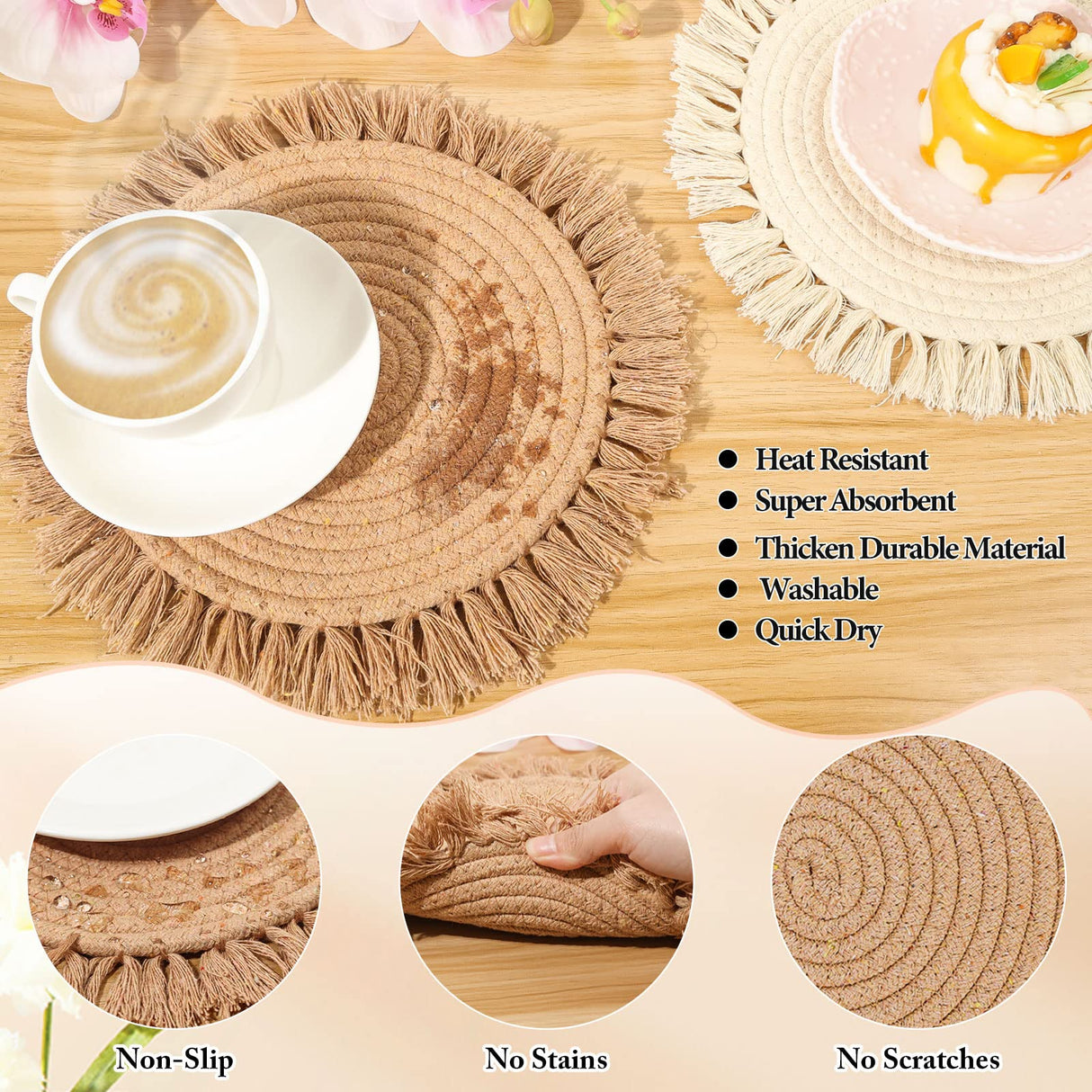 13 Inch Round Cotton Placemat Set of 4 Boho Placemats Table Mats Woven Washable Table Placemats for Fall Kitchen Dining Home Farmhouse Thanksgiving Christmas Decoration Heat Resistant Place Mat Lucomb