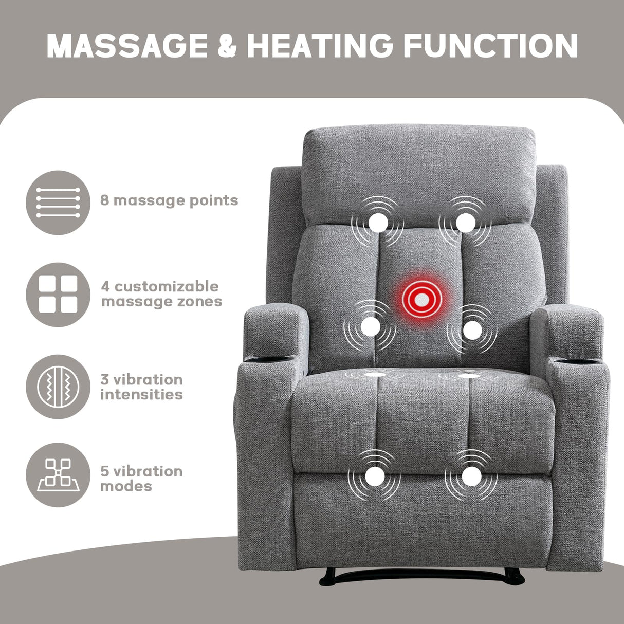 CANMOV Manual Massage Heat Recliner Chair Set of 2,Soft Fabric Recliner Chair with Overstuffed Arm and Back, Manual Reclining Single Sofa with 2 Cup Holders, Side Pocket for Living Room,Grey CANMOV