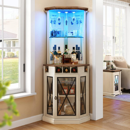 YITAHOME Corner Bar Cabinet with LED Lights, 72" Tall Farmhouse Wine Bar Cabinet w/Visualization Glass Door & Adjustable Shelves, Home Bar w/Wine and - WoodArtSupply