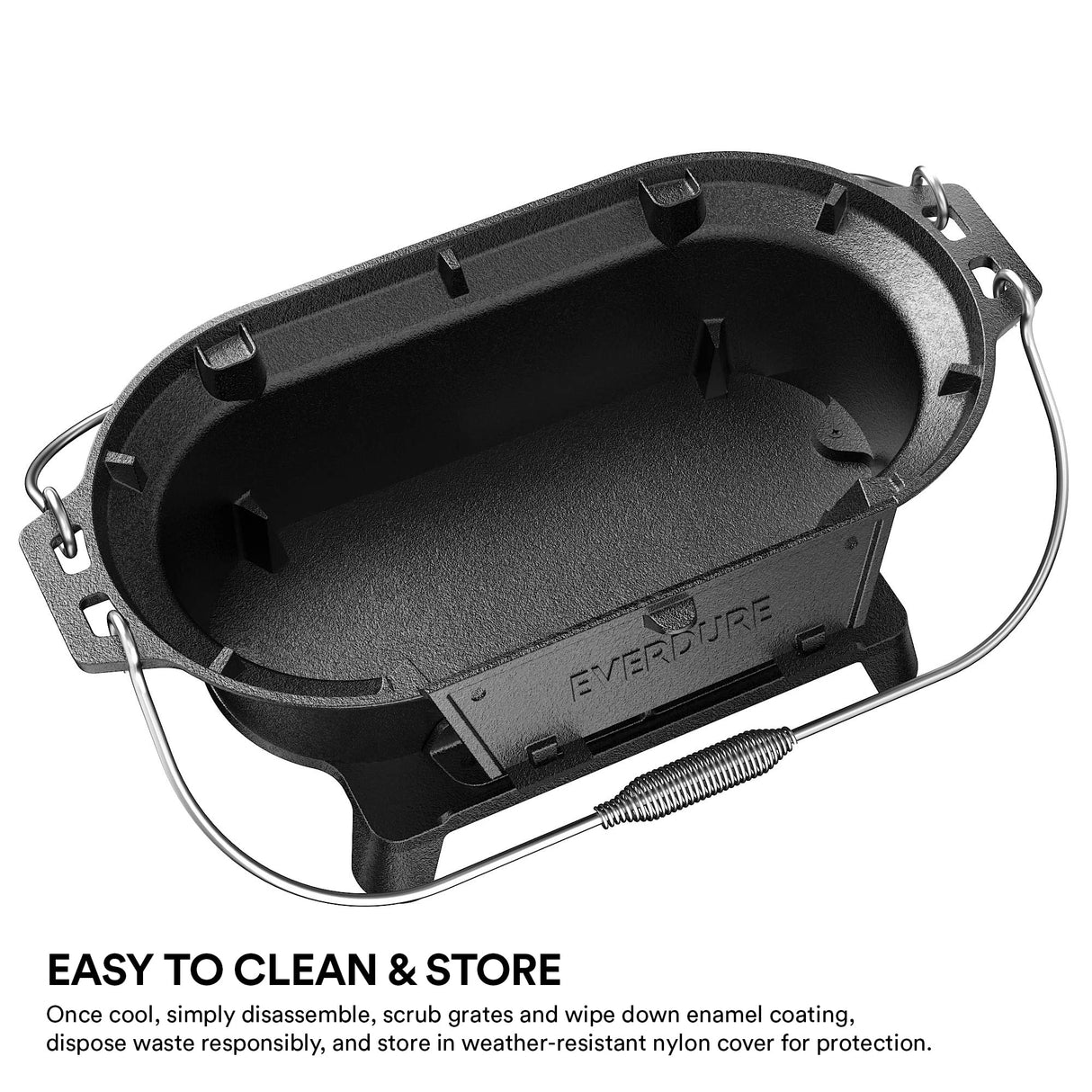 Everdure Oval Cast Iron Grill & Cover – Outdoor, Portable Charcoal Grill and Tabletop Cast Iron Skillet - 100% Cast Iron, Enameled, Durable, Small Charcoal Grill, Camping Stove, Hibachi Grill Everdure