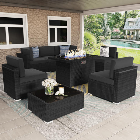 Vakollia 8 Pieces Patio Furniture Set with 44" Propane Gas Fire Pit Table, Outdoor Sectional Wicker Conversation Sofa Sets with Coffee Table Vakollia
