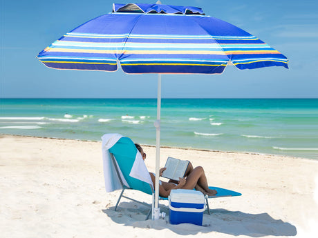 AMMSUN 7ft Heavy Duty High Wind Beach Umbrella Parasols with sand anchor & Tilt Sun Shelter, UV 50+ Protection Outdoor Sunshade Umbrellas Carry Bag for Patio Garden Pool Backyard Stripe Blue AMMSUN