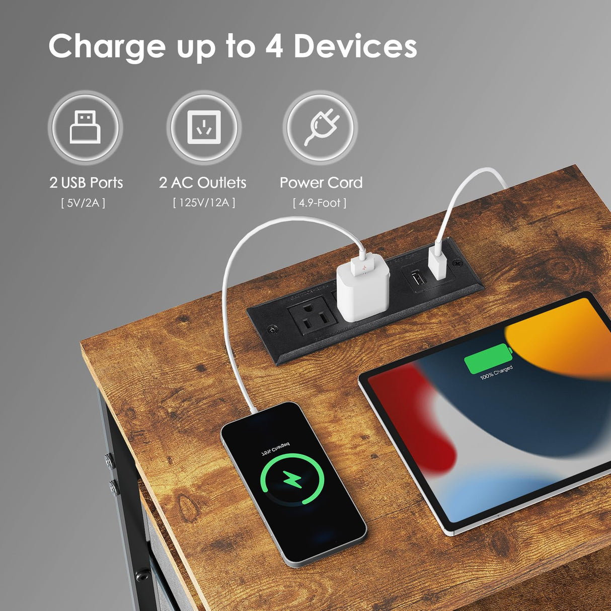 YeTom Nightstand with Charging Station, LED Night Stand with Drawers (Fabric), Bedside Table with Open Shelf, End Table with Steel Frame, 3 Drawer Dresser for Bedroom, Small Space, Rustic Brown YeTom