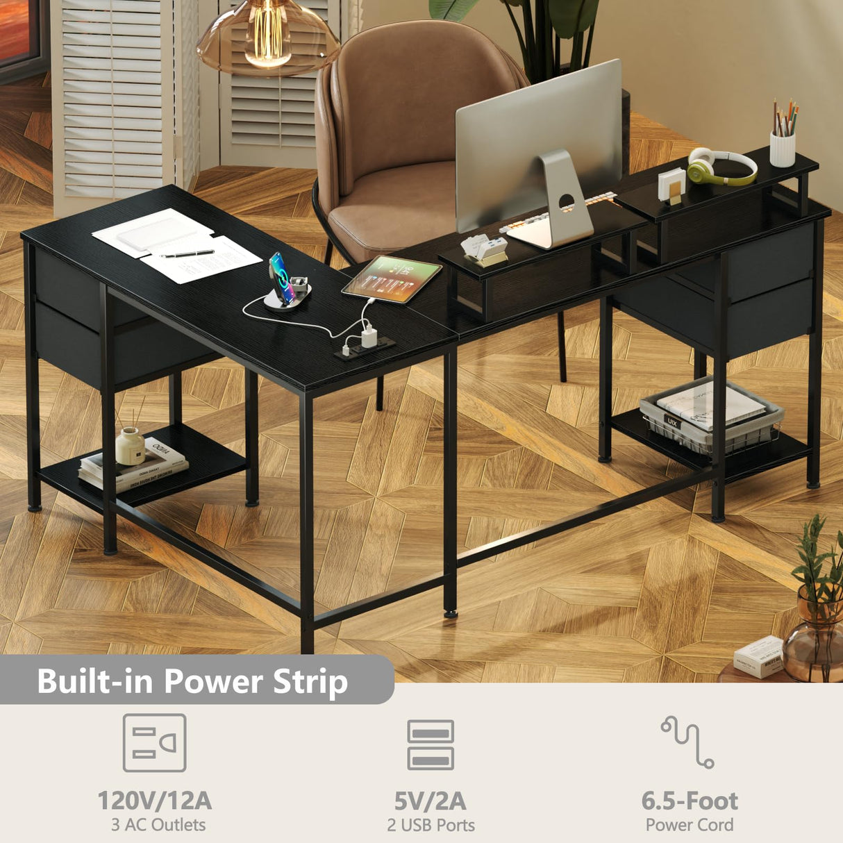 Korfile L Shaped Computer Desk with Power Outlets, Corner Desk with 2 Monitor Stands, Home Office Desk with 4 Adjustable Storage Drawers & Shelves, Large Gaming Desk for Bedroom, 59 inch, Black Korfile