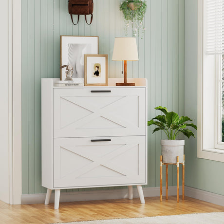 Homleke Farmhouse Shoe Storage Cabinet with 2 Flip Drawers and Barn Door Design, Adjustable Shelves, Modern Hidden Slim Narrow Shoe Rack Cabinet for Entryway, Foyer, Hallway, Living Room, White Homleke
