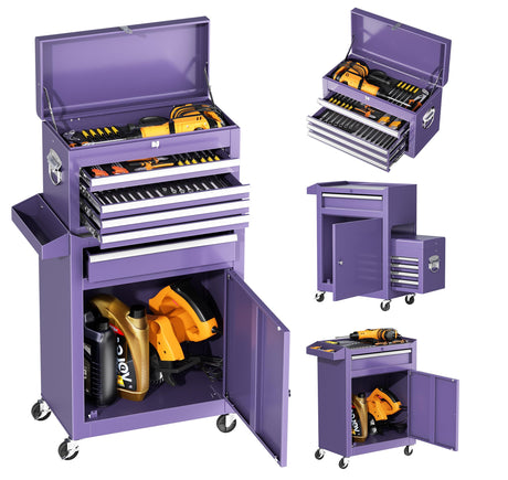 INTERGREAT Purple Tool Chest, 5-Drawer Rolling Tool Storage Cabinet with Detachable Top Tool Box, Tool Chest with Universal Lockable Wheels, Metal Tool Cart for Garage, Workshop, Barbershop INTERGREAT