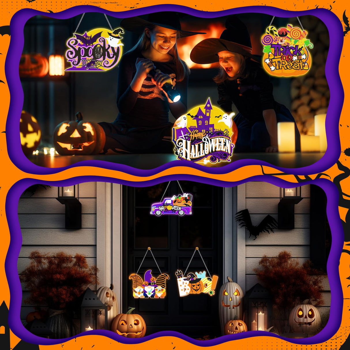 Chiisong 6 Pcs Halloween Diamond Art Painting Kits Hanging Sign Set Witch Pumpkin Gnome Glow in The Dark Diamond Art Painting Kits Halloween Hanger Adult 5d DIY Craft for Wall Door Window Porch Decor Chiisong