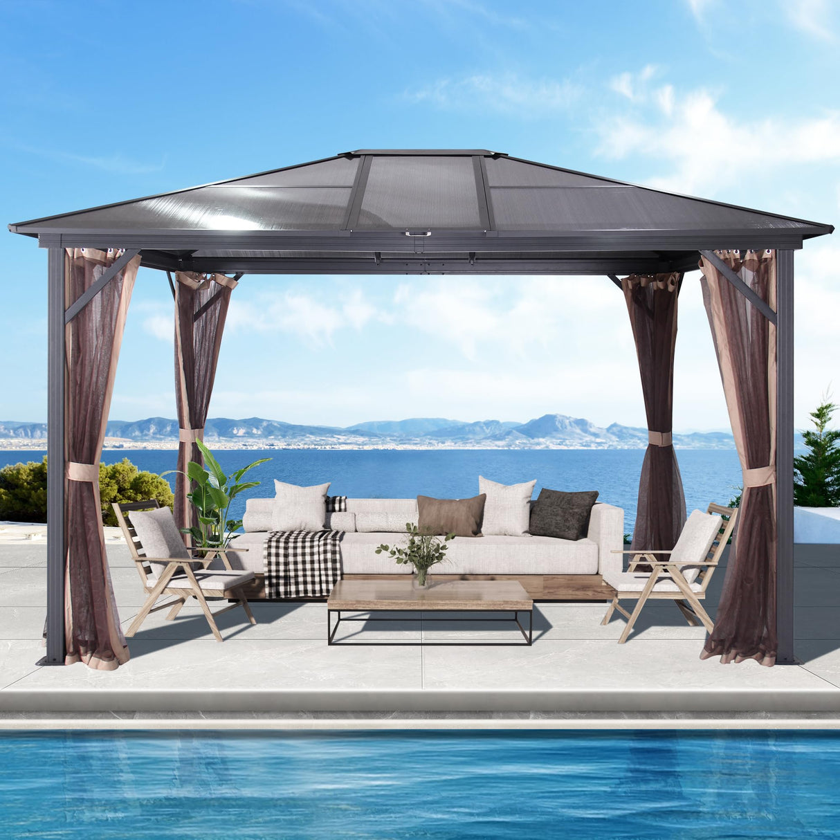 GARTOO 14' x 12' Polycarbonate Hardtop Aluminum Patio Gazebo with Skylight - Outdoor Heavy Duty Gazebo with Breathable Netting for Garden, Poolside, Deck, Patio GARTOO