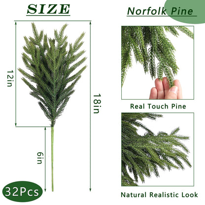 32 Pcs Real Touch Norfolk Pine Branch -18" Artificial Christmas Green Plants Branches Faux Greenery Stem Fake Cedar Pine Picks for Vase DIY Crafts Garland Wreath Xmas Indoor Outdoor Home Decor