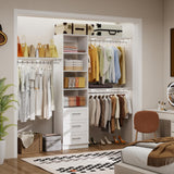 secilix Closet System with Drawers, 5-8FT Closet Organizer Systems with Expandable Hanging Rods, 96" Closet Shelving Systems for Walk in Closets, Heavy Duty Wall Mount Closet Systems-White secilix