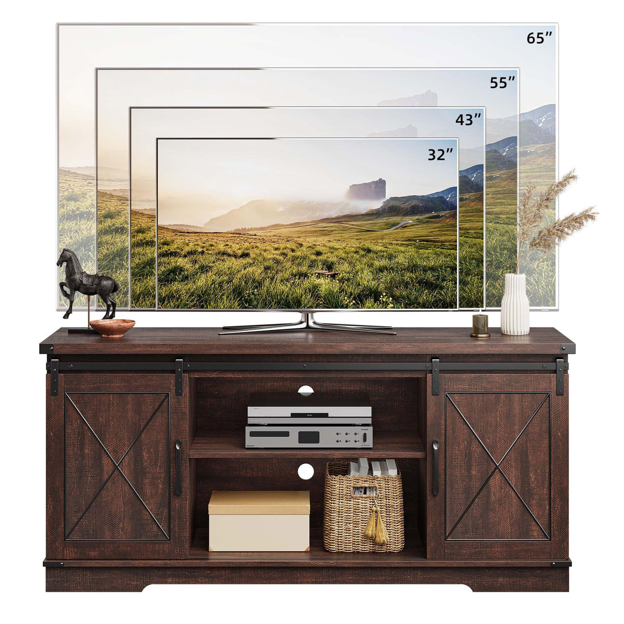 CABIHOME Farmhouse TV Stand and Entertainment Center for TV Up to 65 Inches with Sliding Barn Doors and Adjustable Shelf, TV Media Storage Console Table and Furniture for Living Room, Bedroom, Brown CABIHOME