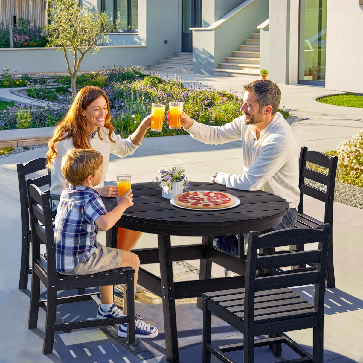 PamapicLife 5 Piece Round Outdoor Dining Set, Relaxing HDPE Outdoor Table and Chairs with 105° Ergonomic Backrest, All-Weather Patio Table and Chairs Set with Umbrella Hole for Porch, Poolside, Black PamapicLife