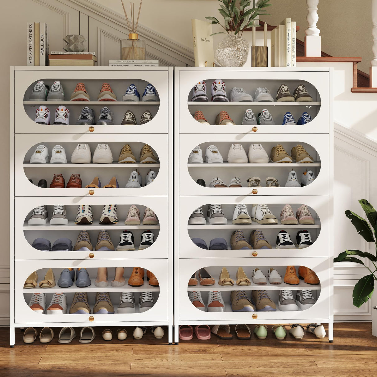 Foreate 8-Tier Tall Shoe Storage Cabinet with 4 Flip-Up Doors & Removable Shelves, 54” Metal Cabinet Shoe Rack Organizer for 24-32 Pair Shoes, Tall Freestanding Modern Entryway Shoe Cabinet-Glass Door Foreate