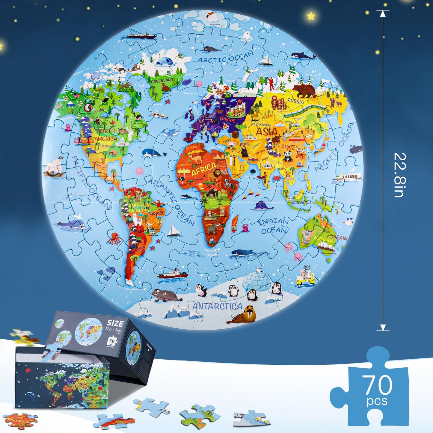 DIGOBAY World Map Jigsaw Puzzle for Kids 4-8, 70 Piece Large Round Floor Puzzles for Kids Ages Toddler Puzzle Globe Geography Games Educational Toys Birthday for Children