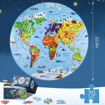 DIGOBAY World Map Jigsaw Puzzle for Kids 4-8, 70 Piece Large Round Floor Puzzles for Kids Ages Toddler Puzzle Globe Geography Games Educational Toys Birthday for Children