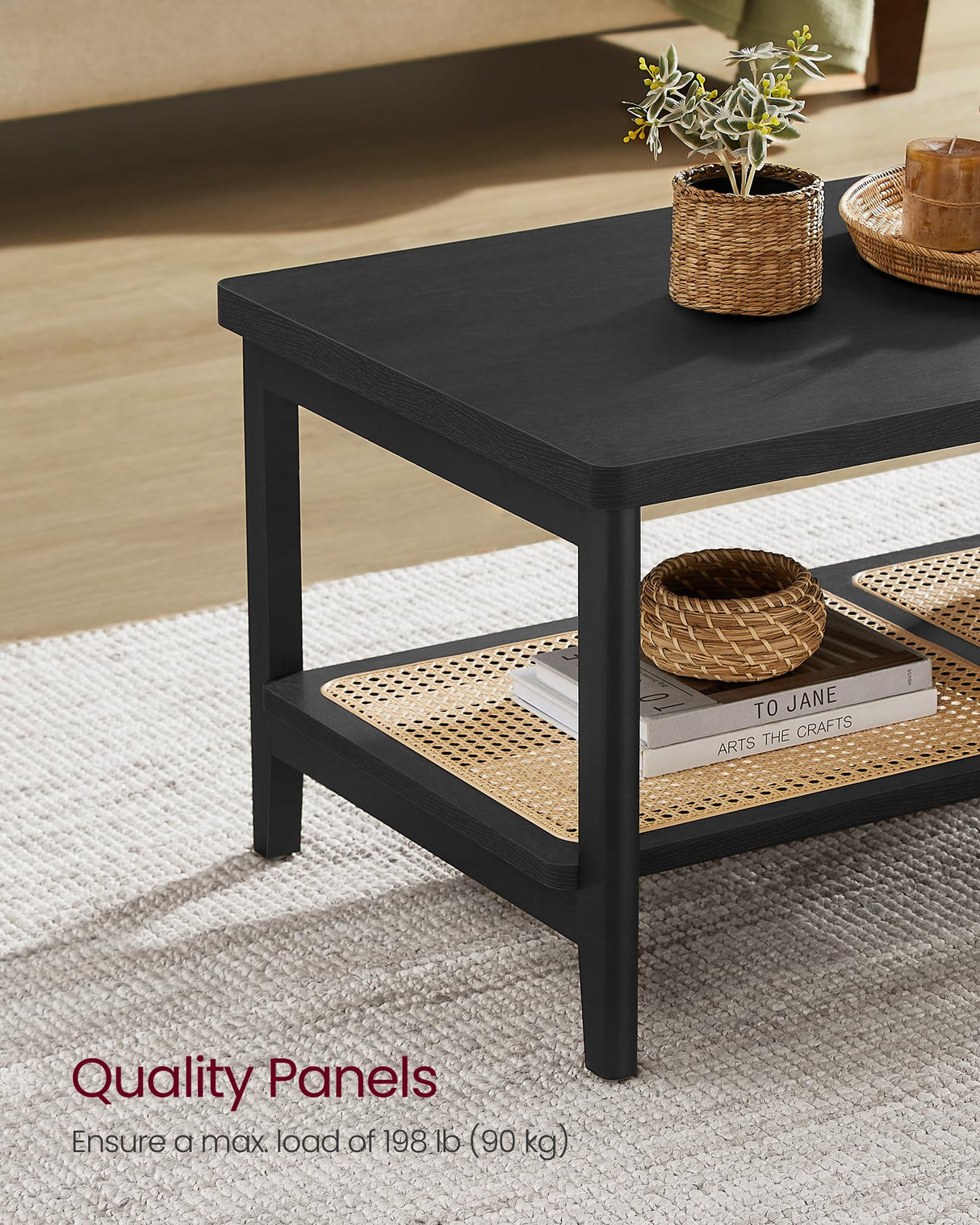 VASAGLE 2-Tier Coffee Table for Living Room, Living Room Table Rectangular Center Table, with PVC Rattan Storage Shelf, Rounded Corners, Easy Assembly, Boho Style, Ash Black ULCT240B21 VASAGLE