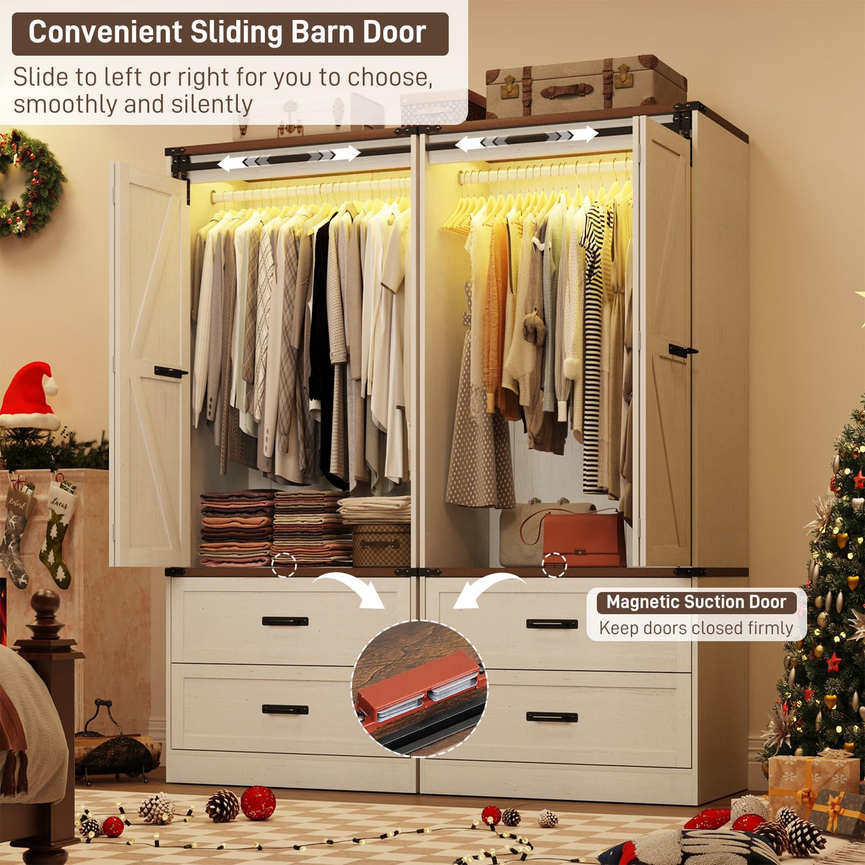 Farmhouse 2 Doors Armoire Wardrobe Closet w/Folding Sliding Barn Door and Lights, LED Armoire Closet w/Drawers for Bedroom, Freestanding Wooden Wardrobe Storage Closets w/Hanging Rod,Antique White jiteentarou