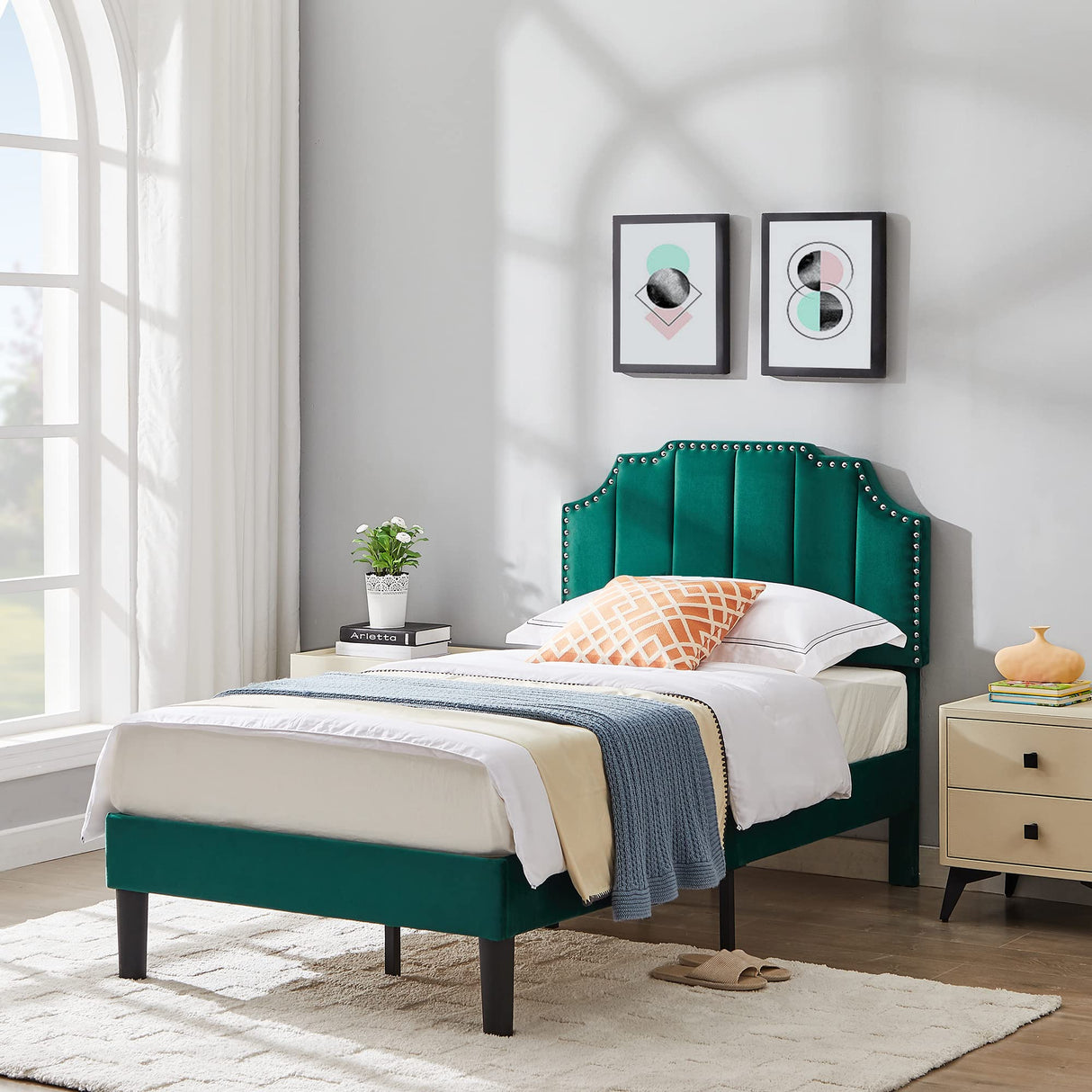 VECELO Twin Upholstered Platform Bed Frame with Tufted Adjustable Headboard/Mattress Foundation/Wood Slat Support,Easy Assembly,Dark Green VECELO