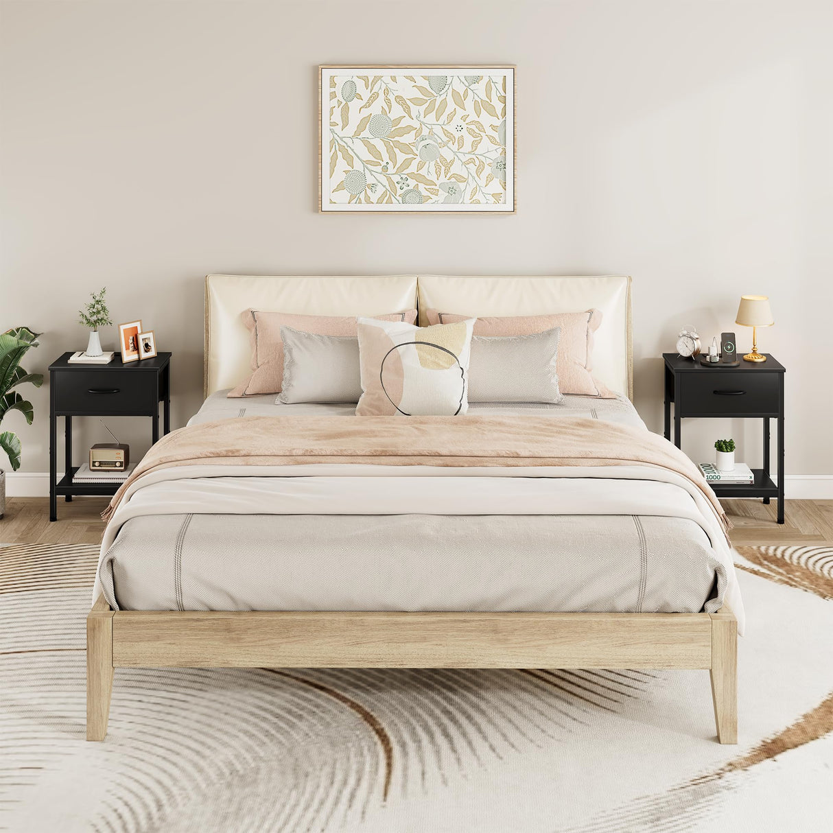 Vagusicc Nightstand Set of 2 with Charging Station, Bed Side Table with Fabric Drawer, Small End Table with 2-Tier Storage Shelves, 25.4" Tall Bedside Table, Black Night Stand for Bedroom, Living Room Vagusicc