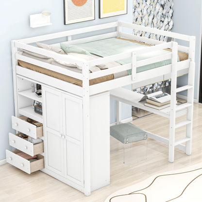 White Full Size Loft Bed with Desk & Wardrobe, Solid Wood Kids Loft Bedframe w/3 Storage Drawers & 2 Shelves, Maximum Space Design, for Bedroom, Dorm