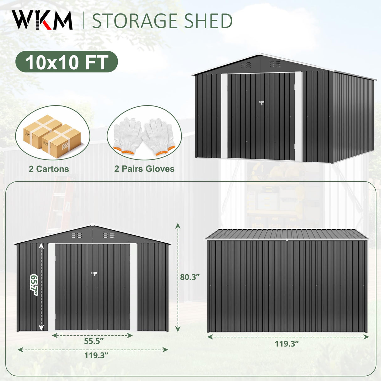 WKM 10x10 FT Outdoor Storage Shed, Utility Metal Tool Storage with Lockable Doors and Updated Frame Structure, Metal Garden Shed for Backyard, Patio Lawn, Black WKM