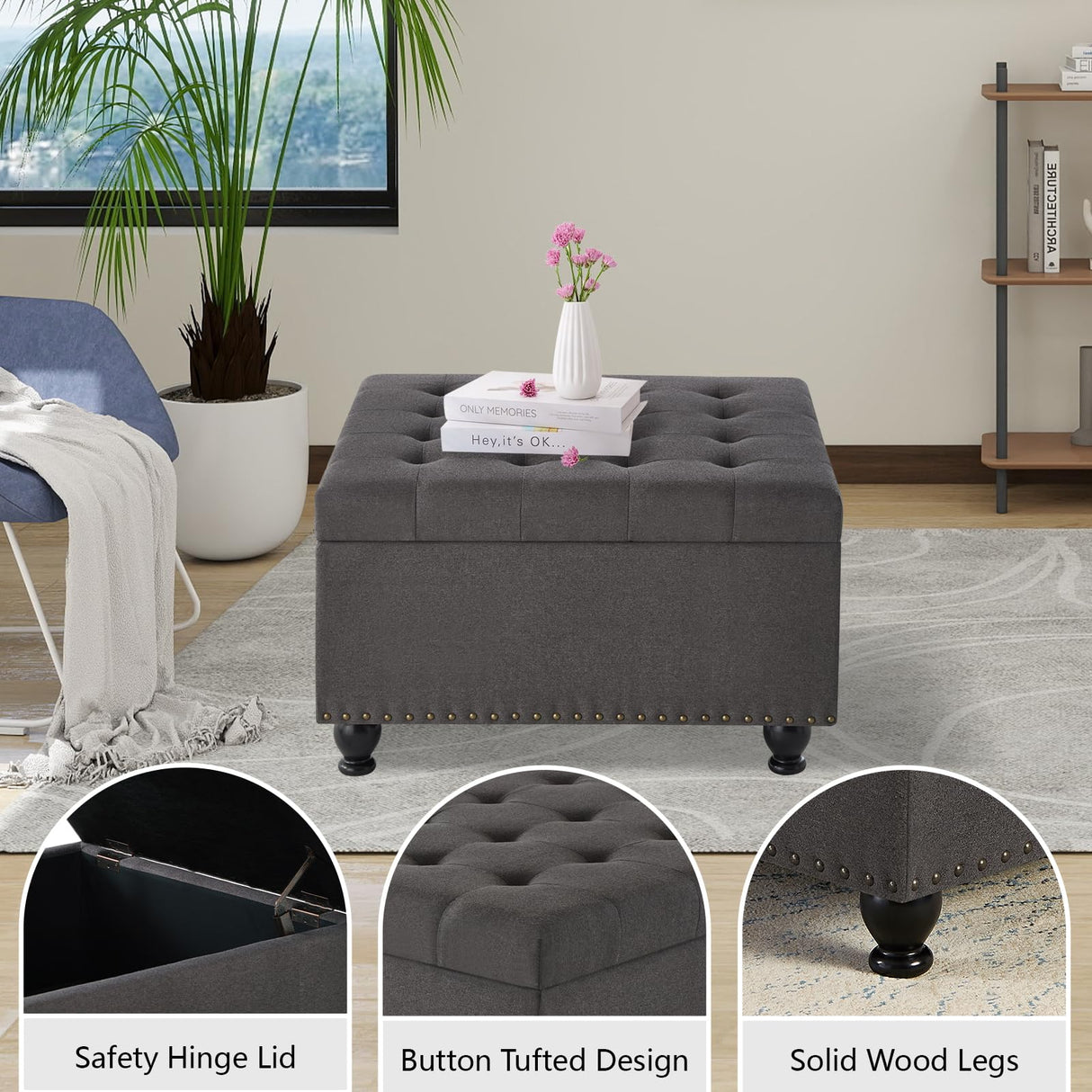GOAWGO Large Square Storage Ottoman Upholstered Button Tufted Coffee Table with Rubber Wood Legs, Linen Fabric Foot Stool Oversized Ottoman Foot Rest for Sofa Couch Living Room Bedroom, Dark Grey GOAWGO
