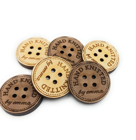 Personalized wooden buttons for knitting or crochet products, laser engraved custom buttons, wooden labels, logo tags, set of 25 pc Generic