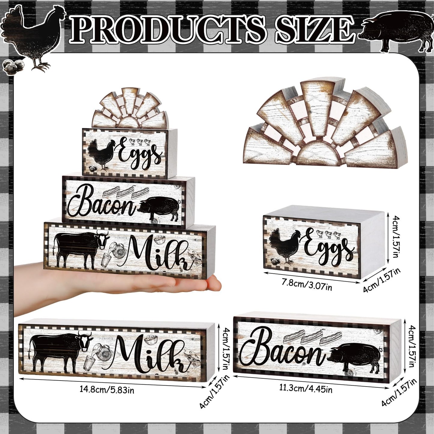 4 Pcs Farmhouse Wood Stacking Blocks Cow Rooster Pig Tiered Tray Decor Rustic Decorative Faux Stacked Book Farm Animal Table Sign Decor for Home Living Room Kitchen Dining Room Shelf Table Centerpiece