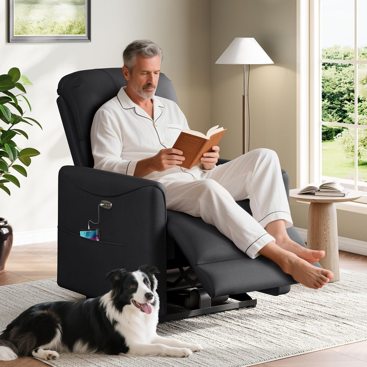 Welzona Adjustable Power Recliner Chair, Comfy PU Leather Electric Recliner Chair, Power Recliners with USB Port, Eco-Certified Small Recliners for Small Spaces Sofa Reclinable, Black Welzona