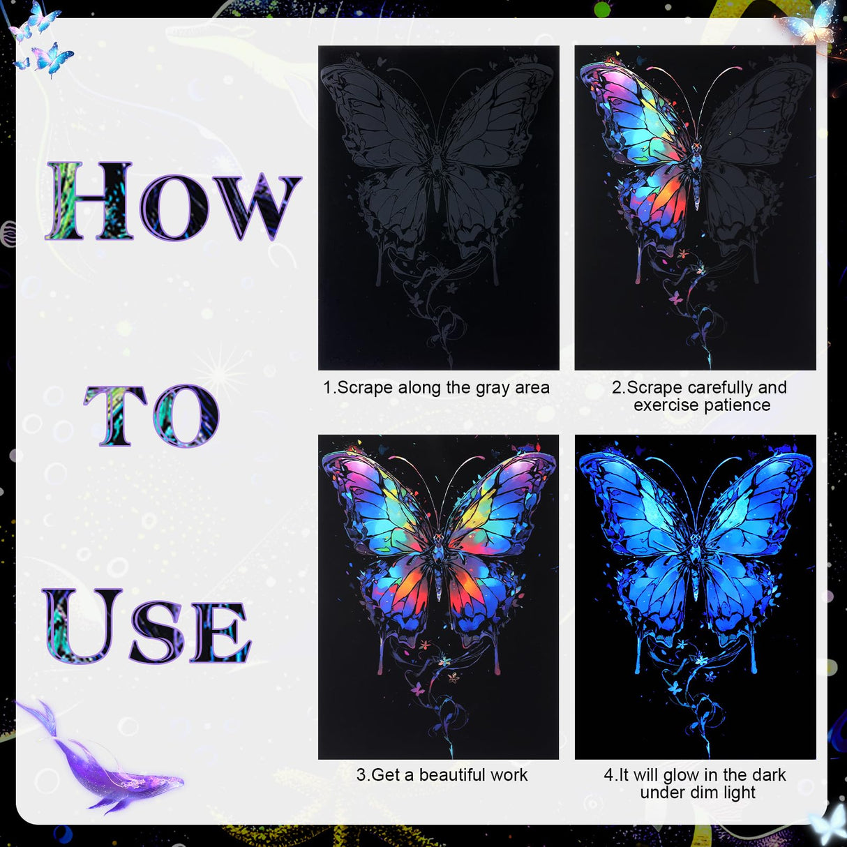 Gersoniel 8 Pack Glow in The Dark Scratch Art for Adult Rainbow Painting Paper Sheet with Pen/Cleaning Brush Noctilucent Engraving Scratchboard for Adults Gift Craft for Gift, Stress Relief Gersoniel