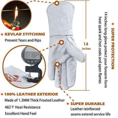 MYSAFETY Leather Welding Gloves for Men or Women, Fire and Heat Resistant gloves for Stick,Tig,Mig,Fireplace,BBQ,Oven,Grill,Wood Stove,Animal Handling Gloves,Bite Proof for Cat or Dogs,Welders Gifts