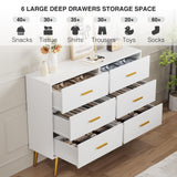 GarveeHome 6 Drawer Dresser, Modern Wooden Dresser with Gold Handles and Storage Space, Chest of Drawers for Bedroom, Hallway, Living Room and Entryway, White GarveeHome