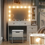 Diwnnue Large Farmhouse Mirror Vanity Desk with LED Bulbs White Makeup Table Set Glass Tabletop for Bedroom Charging Station & Power Outlet Adjustable Light Mode Diwnnue