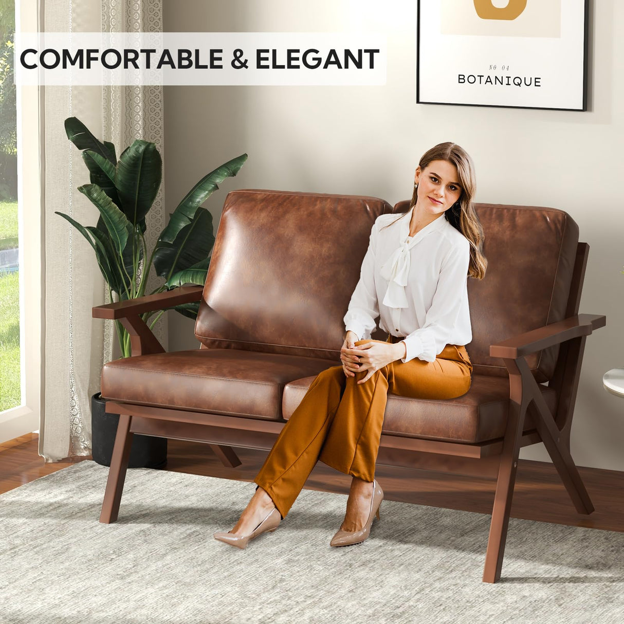 Bonzy Home 51.6" Loveseat Sofa Mid-Century Faux Leather Accent Chair, Upholstered 2-Seat Couch Loveseat with Solid Wood Frame and Cushions, Small Sofa Couch Armchair for Living Room, Bedroom,Brown Bonzy Home