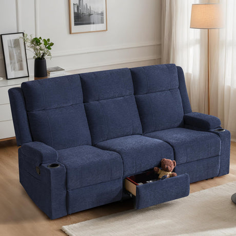 75'' Manual Reclining Sofa with Storage Drawer, 3 Seat Wall Hugger Recliner Couch with Cup Holders, Side Pockets, Chenille Fabric, Compact 3-Person Recliner for RV, Living Room, Apartment (Blue) LURVIA