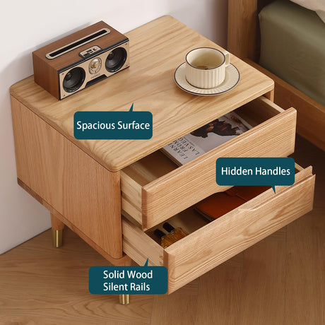 Bedside Table Nightstands Solid Wood with Copper Decoration, Mid Century Modern Nightstand for Bedroom, Natural Color Buzleer