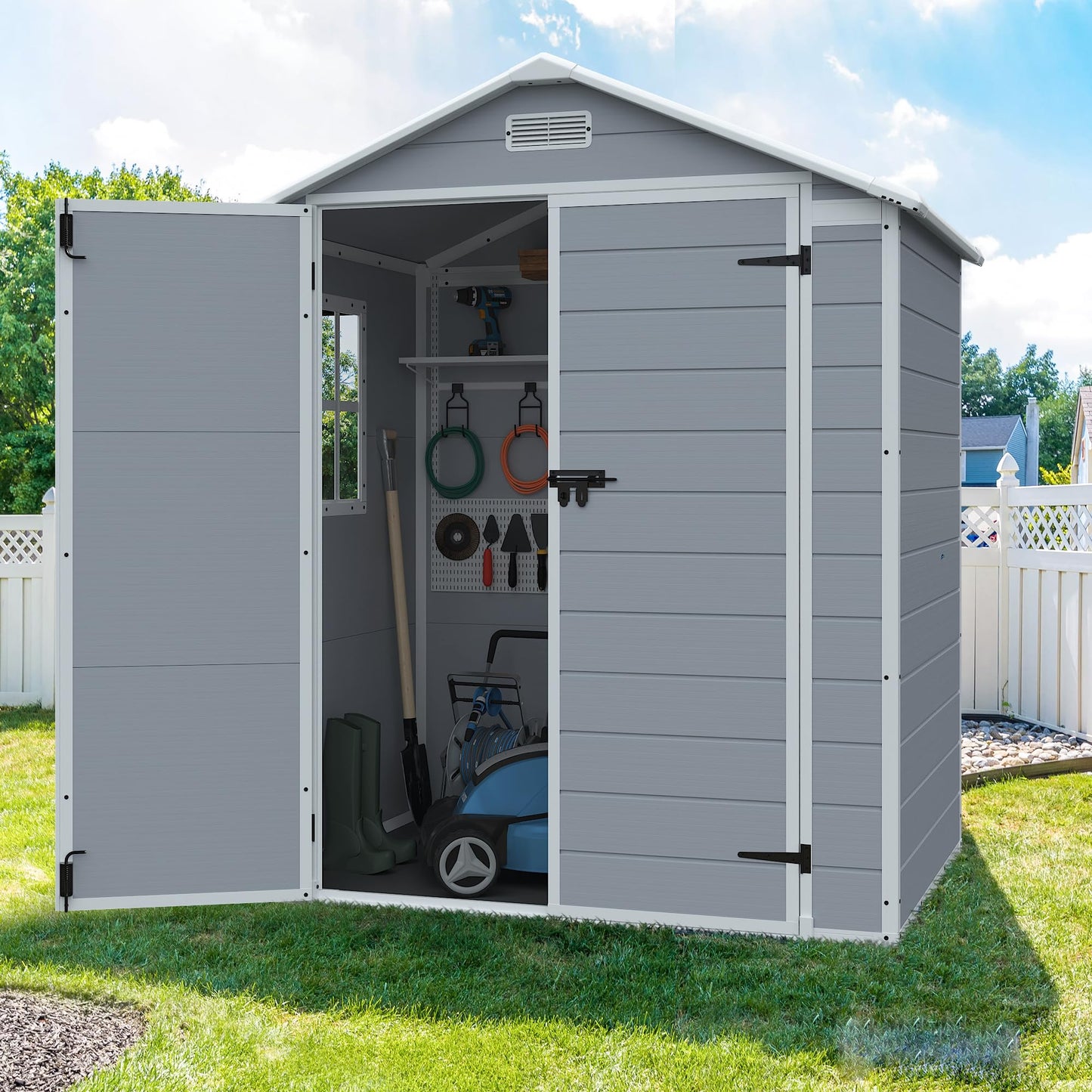 JUMMICO Outdoor Storage Shed, 6 x 4 FT Resin Shed with Floor and Lockable Door, Plastic Garden Tool Outside Sheds for Patio Backyard Lawn - WoodArtSupply