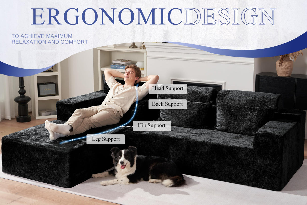 HABUTWAY 105" L-Shape Modular Sectional Sofa Couch for Living Room,No Assembly Required,Modular Comfy Sofa with Deep Seat for Living Room Bedroom,Luxury Distressed Velvet(Left,Black) HABUTWAY