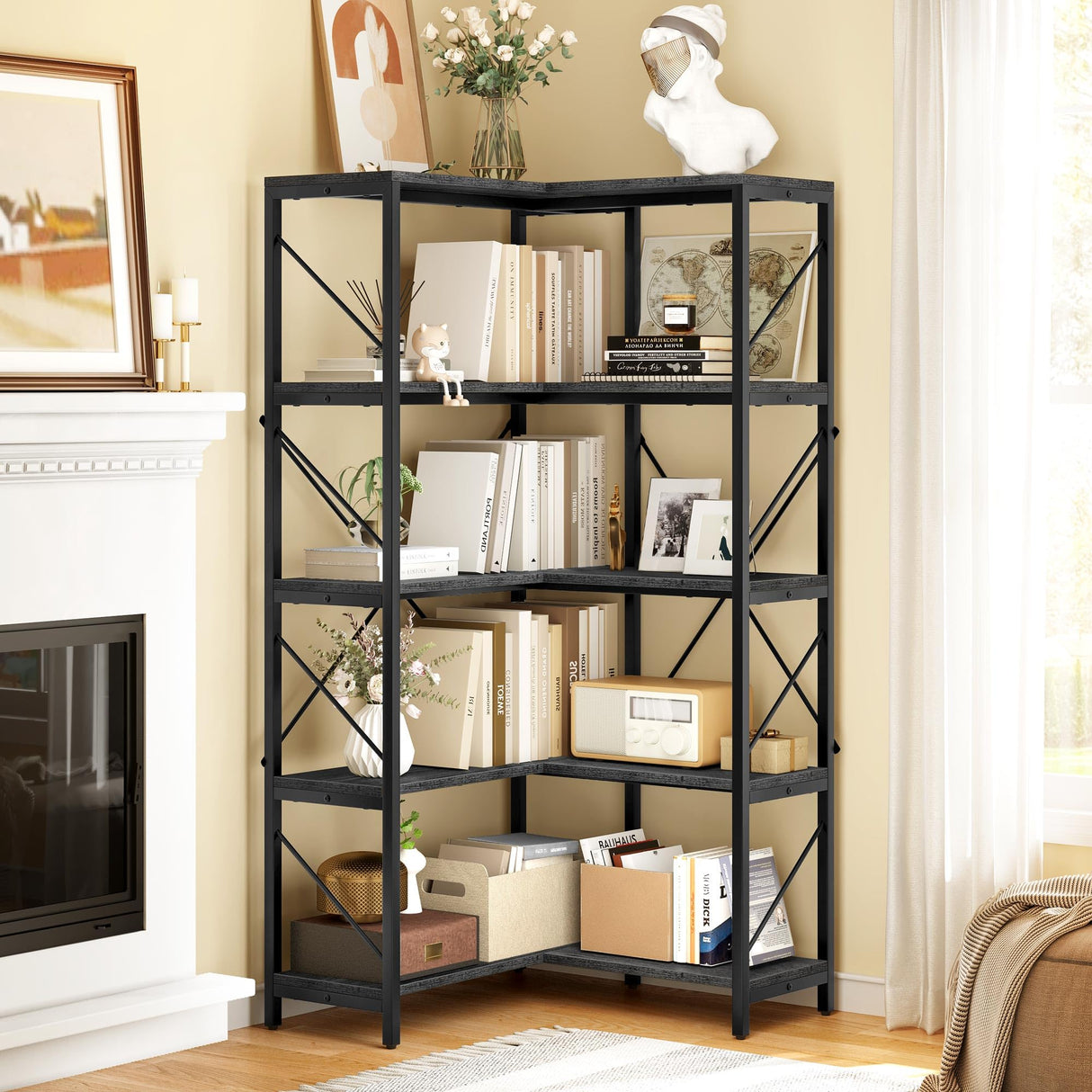 YITAHOME 5-Tier Industrial Corner Bookshelf in Charcoal Gray and Black YITAHOME