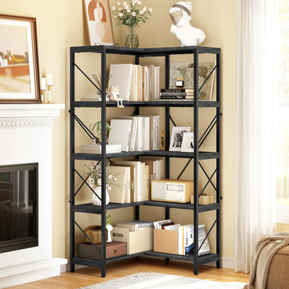 YITAHOME 5-Tier Industrial Corner Bookshelf in Charcoal Gray and Black - WoodArtSupply