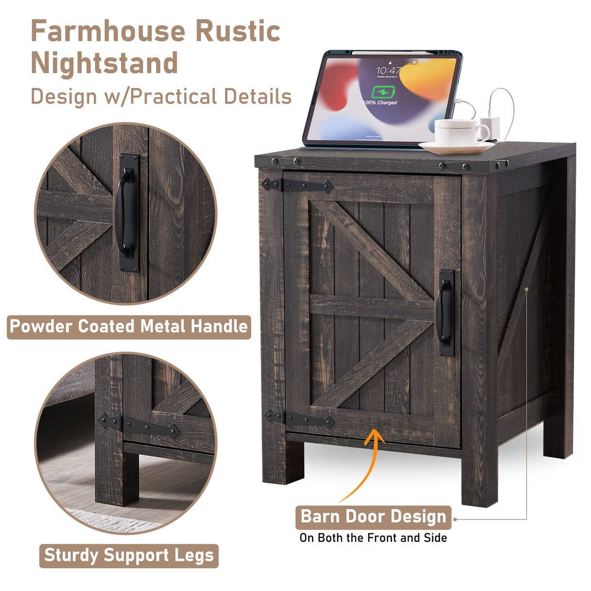 OKD Nightstand with Charging Station, 18 Inch Farmhouse End Table with Barn Door and Adjustable Storage Shelf, Rustic Wood Sofa Side Table w/Magnetic Door for Living Room, Bedroom, Dark Rustic Oak OKD