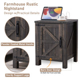 OKD Nightstand with Charging Station, 18 Inch Farmhouse End Table with Barn Door and Adjustable Storage Shelf, Rustic Wood Sofa Side Table w/Magnetic Door for Living Room, Bedroom, Dark Rustic Oak OKD
