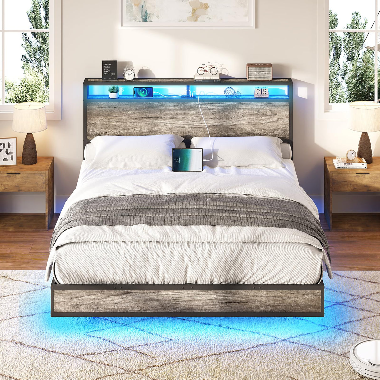 AMERLIFE Queen Size Floating Bed Frame with LED Lights and Storage Headboard in Rustic Grey AMERLIFE