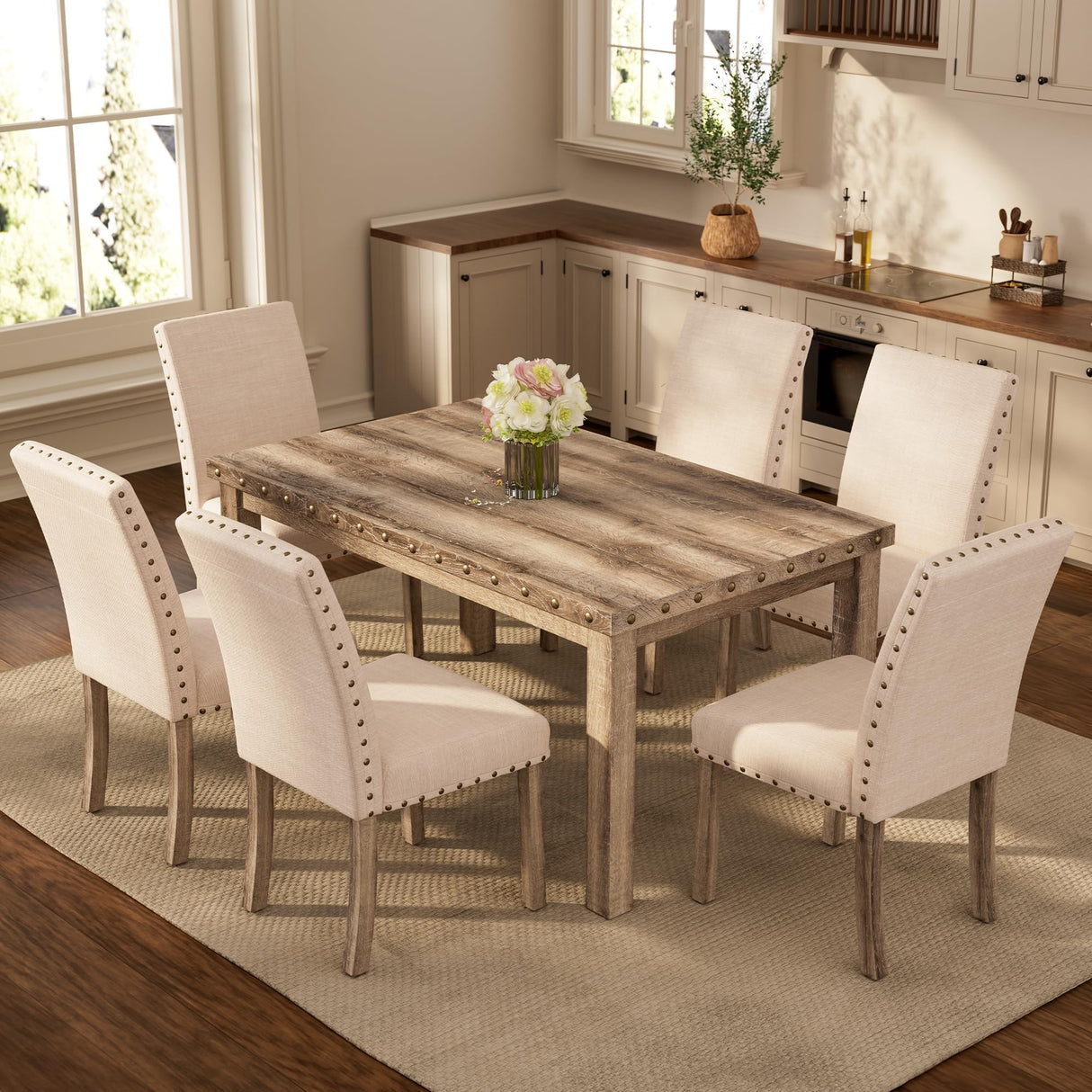 Morden Fort Rustic Dining Table Set for 6, Farmhouse Kitchen Dining Chairs for 6, Charming 60" Rectangular Wooden Table&6 Upholstered Chair with Nailhead Accents for Dining Hub,Breakfast Nook Morden Fort