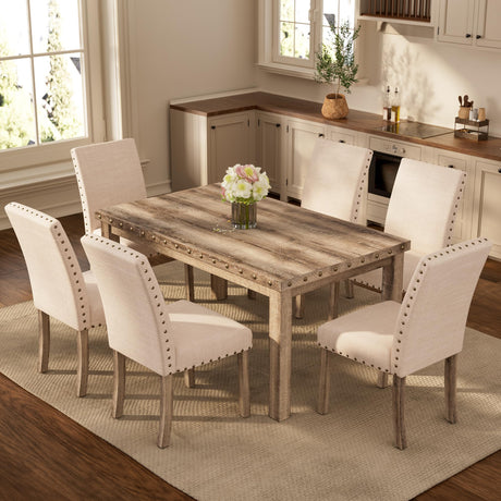 Morden Fort Rustic Dining Table Set for 6, Farmhouse Kitchen Dining Chairs for 6, Charming 60" Rectangular Wooden Table&6 Upholstered Chair with Nailhead Accents for Dining Hub,Breakfast Nook Morden Fort