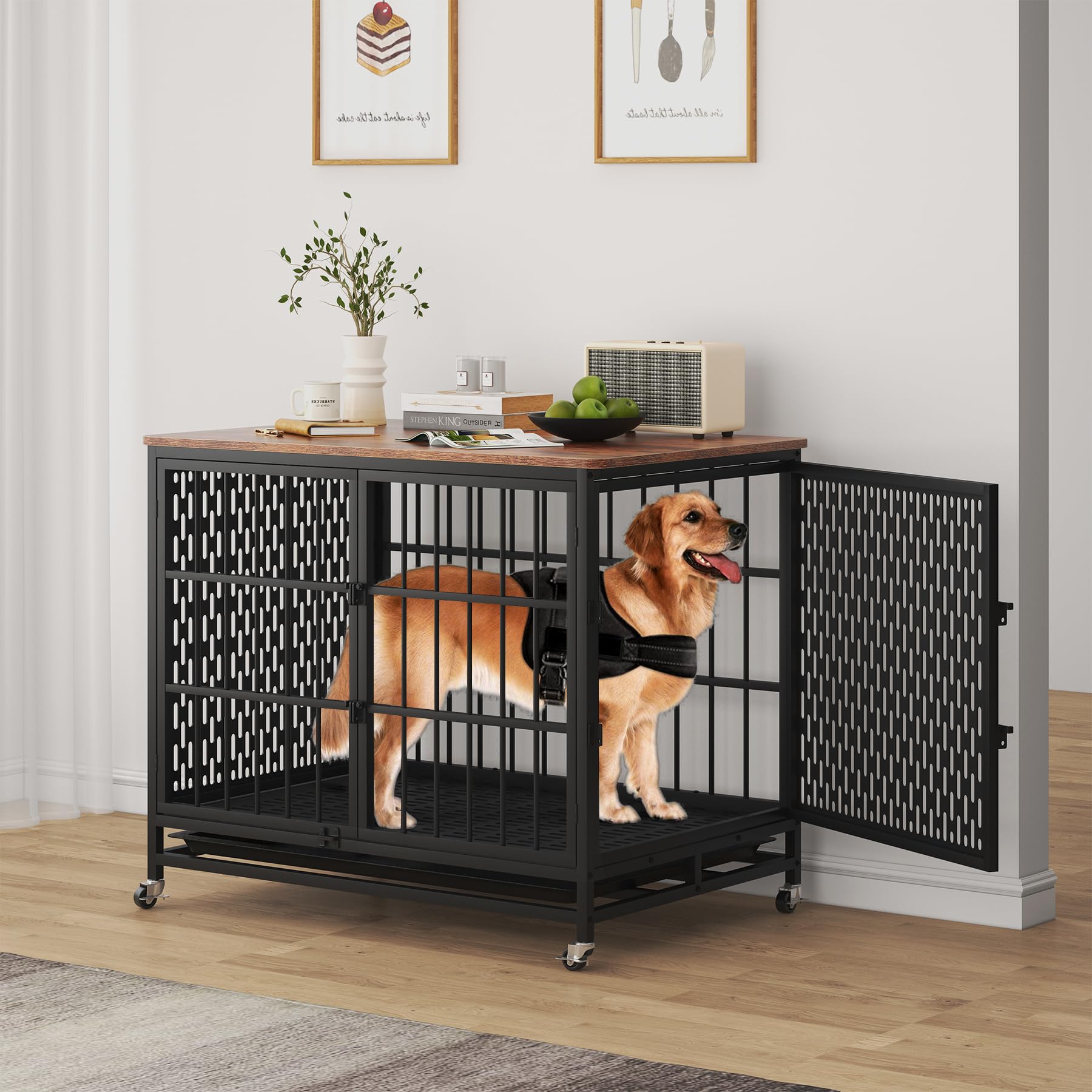 Indestructible Dog Crate, BOINN 42 inch Heavy Duty Extra Large Dog Crate Furniture for Large Medium Dog with Removable Trays, 3 Door, 4 Lockable Wheels & 5 Locks, XL Dog Kennel Furniture Indo - WoodArtSupply