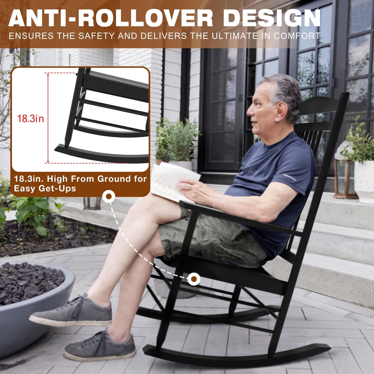 MUPATER Outdoor Rocking Chair Set 3-Piece Patio Wooden Rocker Bistro Set with Foldable Table and Curved Seat, Black MUPATER