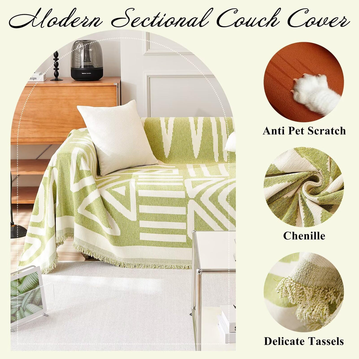 VClife Boho Couch Cover Non-slip Chenille Sectional Sofa Couch Cover for 2 Cushion Couch Sofa Modern Cream White Green Geometry Sofa Slipcover for Loveseat Washable Furniture Protector Cover 71"x 118" VClife