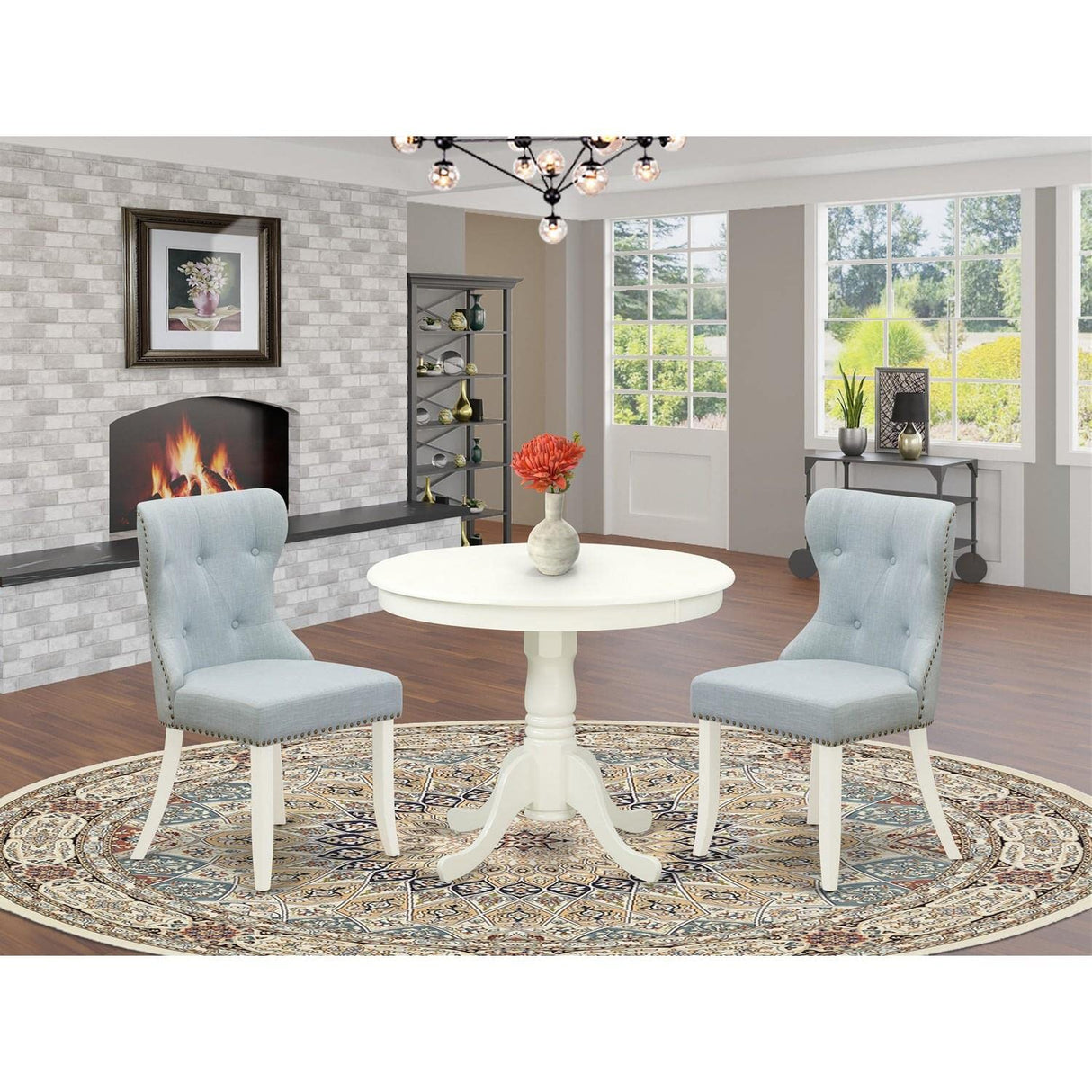 East West Furniture ANSI3-LWH-15 3 Piece Kitchen Table & Chairs Set Contains a Round Dining Room Table with Pedestal and 2 Baby Blue Linen Fabric Parsons Chairs, 36x36 Inch, Linen White East West Furniture